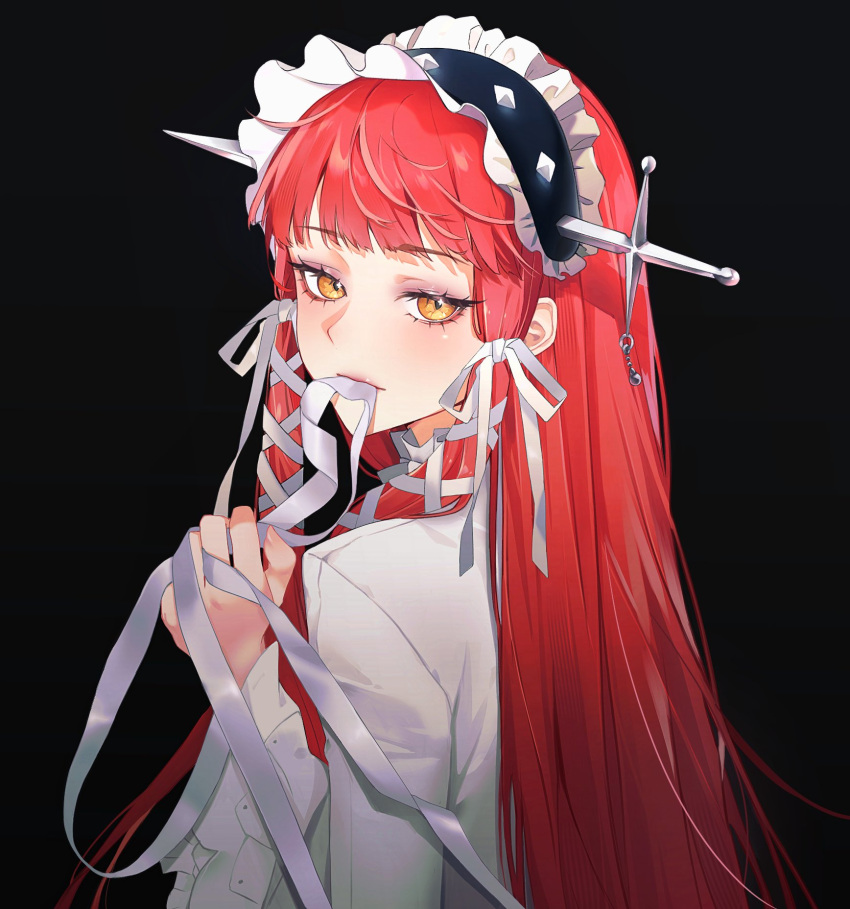 1girl black_background blunt_bangs blush commentary dress frilled_hairband frills from_behind hair_ornament hair_ribbon hairband highres holding holding_ribbon long_hair long_sleeves looking_at_viewer looking_back looking_to_the_side mouth_hold persona persona_3 persona_3_reload redhead ribbon ribbon_in_mouth sidelocks solo upper_body white_dress white_ribbon xeratonin yellow_eyes yoshino_chidori