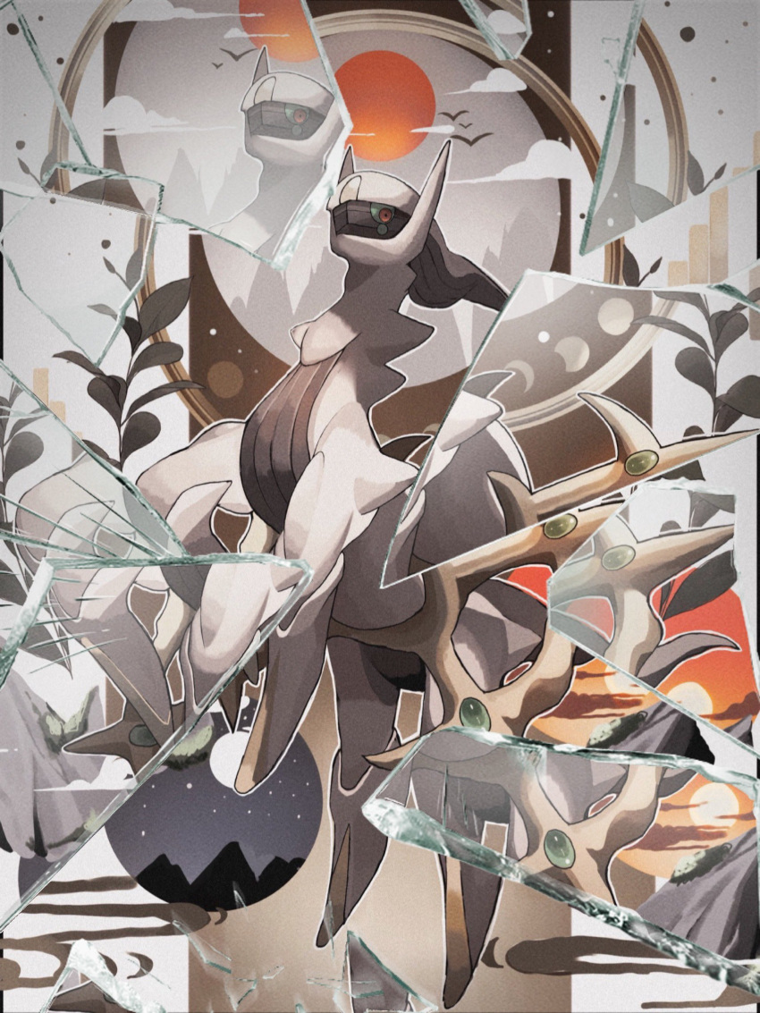 arceus broken_glass colored_sclera colored_skin glass green_sclera highres moon mountain no_humans outline plant pokemon pokemon_(creature) red_eyes reo_(mmocc123) simple_bird star_(sky) sun white_outline white_skin
