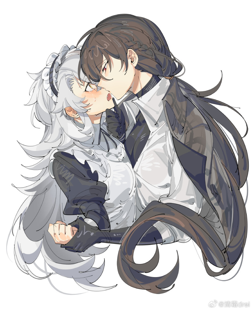 2girls black_hair blush braid commission fang french_braid gepard_m1_(contracted_today)_(girls'_frontline) gepard_m1_(girls'_frontline) girls_frontline hand_on_another's_chin highres holding_hands long_hair looking_at_another messy_hair mondragon_m1908_(girls'_frontline) mondragon_m1908_(repairer_of_destinies)_(girls'_frontline) multiple_girls open_mouth red_eyes simple_background third-party_source upper_body weibo_username white_background white_hair yellow_eyes yuri zocehuy