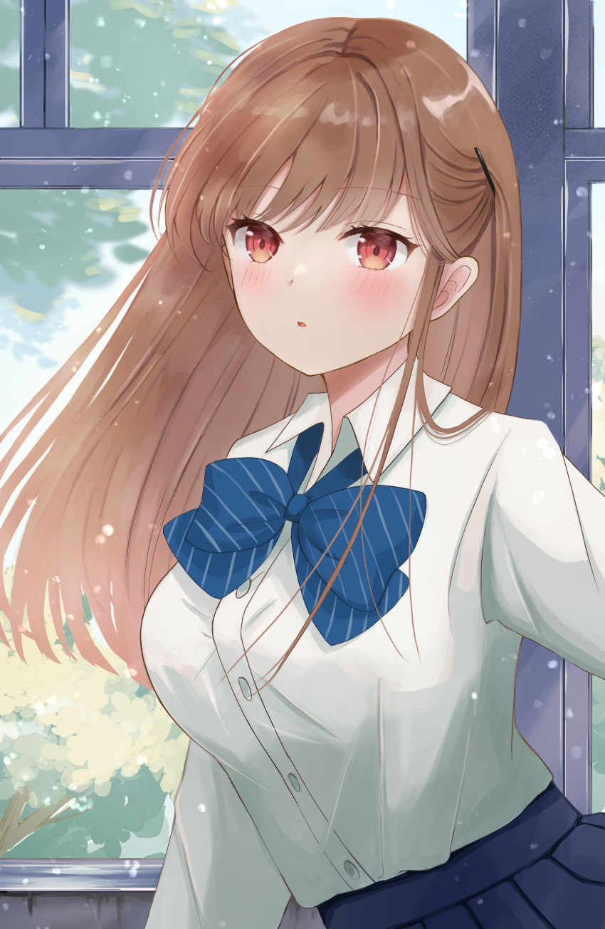 1girl a_ekoa absurdres blush bow bowtie breasts brown_hair collared_shirt highres large_breasts light_particles long_hair original parted_lips pleated_skirt red_eyes school_uniform shirt skirt solo striped_bow striped_bowtie striped_clothes window