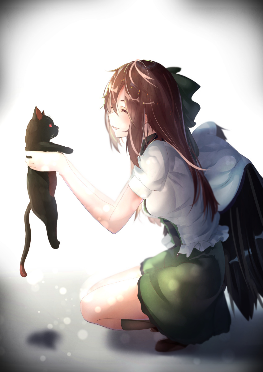1girl absurdres animal bird_wings black_cat black_socks black_wings bow breasts brown_footwear brown_hair cape cat closed_eyes commentary_request frilled_shirt frilled_skirt frills full_body green_skirt grey_bow hair_bow highres holding holding_animal holding_cat kaenbyou_rin kaenbyou_rin_(cat) long_hair medium_breasts open_mouth profile puffy_short_sleeves puffy_sleeves rei_(farta_litia) reiuji_utsuho shirt shoes short_sleeves skirt smile socks solo squatting touhou white_cape white_shirt wings