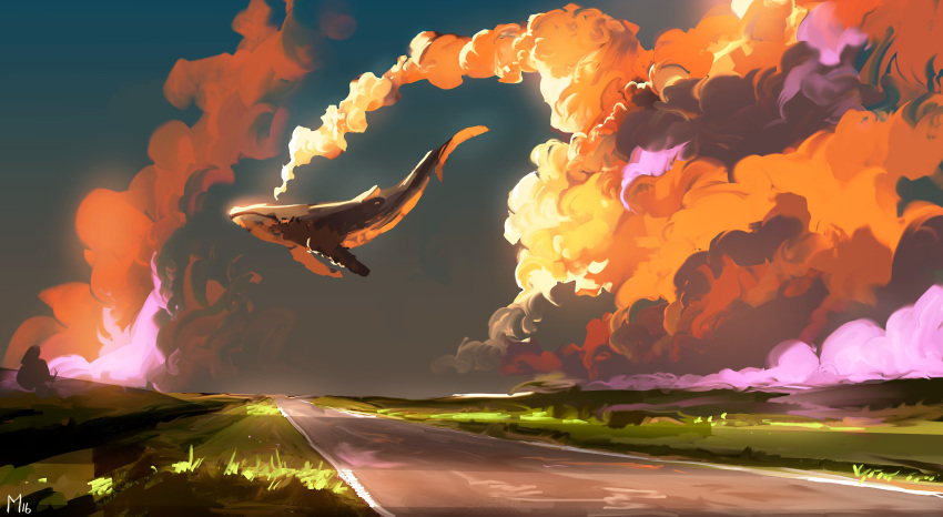 absurdres animal blue_sky clouds cloudy_sky commentary dominik_mayer english_commentary flying_whale grass highres landscape no_humans orange_clouds original outdoors road scenery signature sky whale