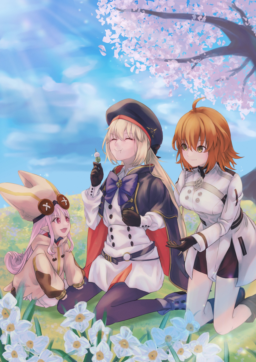 3girls ahoge artoria_caster_(fate) artoria_caster_(second_ascension)_(fate) artoria_pendragon_(fate) baggy_clothes baggy_pants belt beret black_gloves blonde_hair blue_belt blue_cape blue_capelet blue_cloak bow breasts button_eyes buttons cape capelet chaldea_uniform cloak coat double-breasted dress fate/grand_order fate_(series) fujimaru_ritsuka_(female) fujimaru_ritsuka_(female)_(decisive_battle_chaldea_uniform) gloves habetrot_(fate) hat highres holding hood hooded_cape jacket long_hair long_sleeves multicolored_cape multicolored_capelet multicolored_cloak multicolored_clothes multiple_girls o-ring o-ring_belt official_alternate_costume open_mouth opnkmk orange_hair pants pantyhose pink_coat pink_hair pink_hat pink_jacket pointy_ears red_eyes short_hair smile striped_belt twintails white_dress white_jacket yellow_eyes
