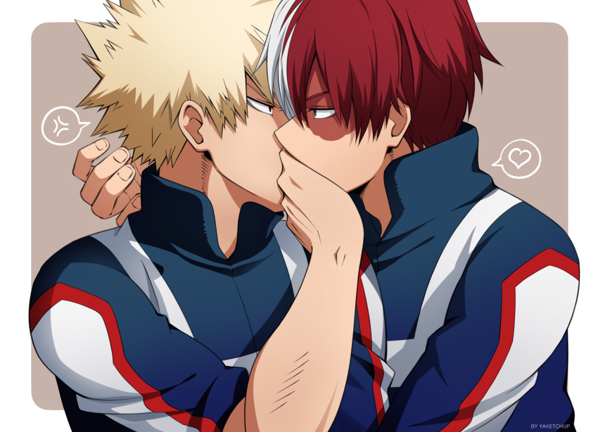 2boys anger_vein artist_name bakugou_katsuki blonde_hair boku_no_hero_academia brown_background covering_another's_mouth hand_over_another's_mouth heart highres male_focus multicolored_hair multiple_boys outline redhead spiky_hair split-color_hair spoken_anger_vein spoken_heart todoroki_shouto u.a._gym_uniform upper_body white_hair white_outline yaketchup