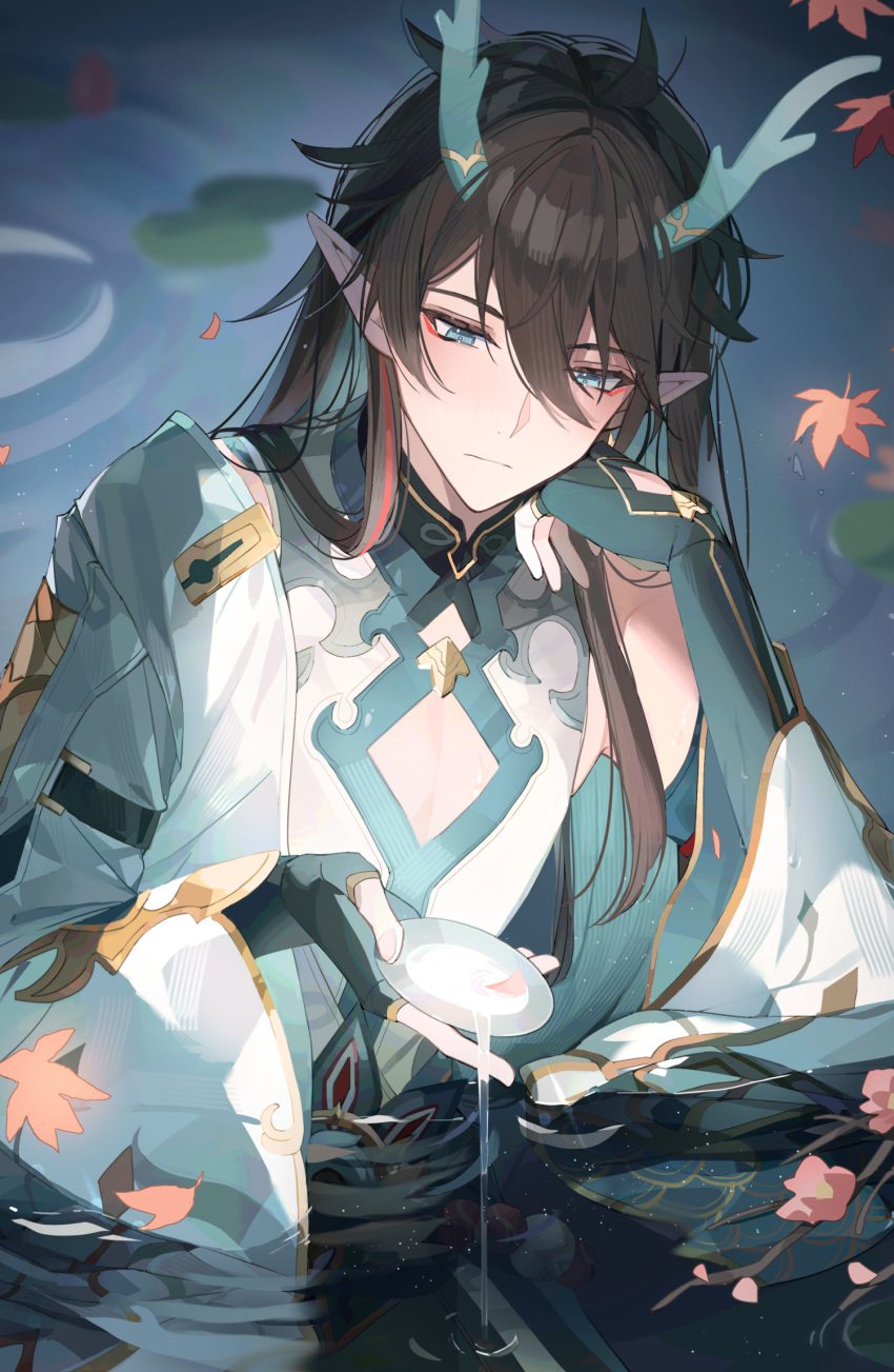 1boy aqua_eyes aqua_hair bazhua black_gloves black_hair cherry_blossoms chinese_clothes cleavage_cutout closed_mouth clothing_cutout colored_inner_hair cup cutout_gloves dan_heng_(honkai:_star_rail) dan_heng_(imbibitor_lunae)_(honkai:_star_rail) detached_sleeves dragon_boy dragon_horns expressionless eyeliner falling_leaves falling_petals fingerless_gloves flower gloves gold_trim green_horns hair_between_eyes head_rest highres holding holding_cup honkai:_star_rail honkai_(series) horns leaf light_particles lily_pad long_hair long_sleeves looking_down makeup male_focus mandarin_collar maple_leaf multicolored_hair partially_submerged petals petals_on_liquid pink_flower pointy_ears pouring red_eyeliner ripples sakazuki shirt single_bare_shoulder single_detached_sleeve sleeve_garter solo translucent_horns upper_body water white_shirt wide_sleeves