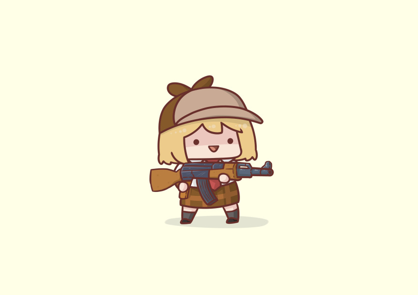 1girl :d absurdres assault_rifle black_eyes black_footwear blonde_hair bob_cut brown_hat brown_jacket brown_skirt brown_sleeves chibi grey_socks gun hashtag-only_commentary hat highres holding holding_gun holding_weapon hololive hololive_english jacket legs_apart long_sleeves necktie open_mouth phdpigeon pleated_skirt red_necktie rifle shadow simple_background skirt smile smol_ame socks solid_circle_eyes solo virtual_youtuber watson_amelia watson_amelia_(1st_costume) weapon yellow_background