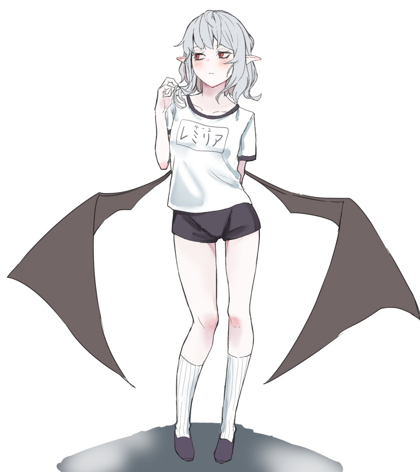 bat_wings black_shorts closed_mouth clothes_writing collarbone commentary_request full_body grey_hair gym_uniform hand_in_own_hair highres kanaria_(bocmn) looking_to_the_side pointy_ears red_eyes remilia_scarlet shirt short_hair short_shorts short_sleeves shorts simple_background socks standing touhou white_background white_shirt white_socks wings
