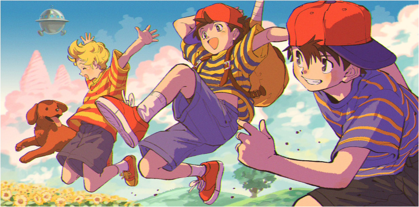 3boys animal arm_up arms_up backpack bag baseball_bat baseball_cap black_hair black_shorts blonde_hair blue_shirt blue_shorts boney closed_eyes clouds day dog field flower flower_field grin hair_between_eyes hat highres kwsby_124 lucas_(mother_3) male_focus mother_(game) mother_1 mother_2 mother_3 multiple_boys ness_(mother_2) ninten open_mouth outdoors red_footwear red_shirt shirt shoes short_sleeves shorts sideways_hat sky smile sneakers socks striped_clothes striped_shirt sunflower tongue tree ufo white_socks yellow_shirt