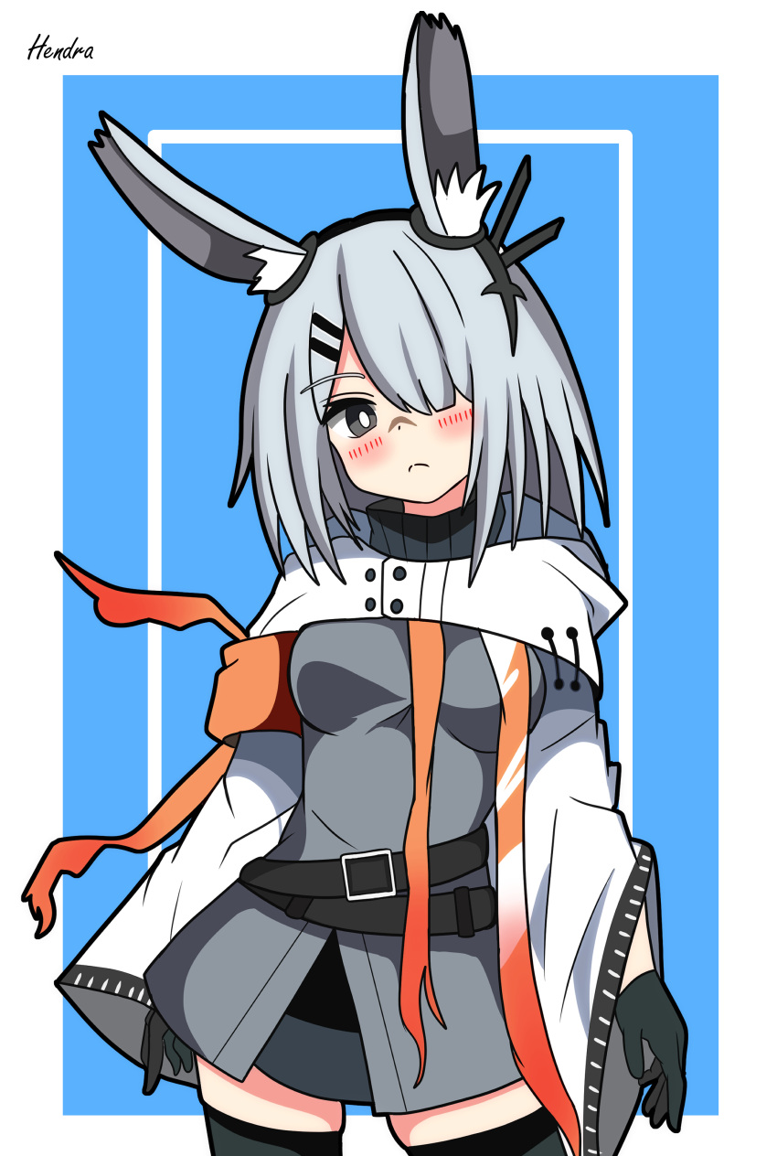 1girl absurdres animal_ears arknights bangs_pinned_back black_eyes black_gloves black_thighhighs blue_background blush border breasts capelet cowboy_shot dress frostnova_(arknights) frown gloves grey_dress grey_hair hair_ornament hairpin hendra highres inset_border jacket large_breasts long_hair long_sleeves open_clothes open_jacket outside_border rabbit_ears rabbit_girl short_dress sidelocks signature simple_background solo straight_hair thigh-highs white_border white_capelet white_jacket zettai_ryouiki