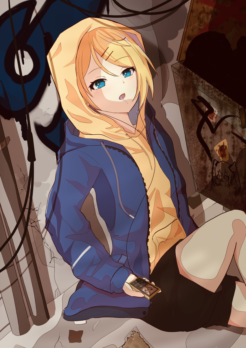 1girl absurdres alley candy crack cracked_wall digital_media_player drawstring dumpster earphones earphones food graffiti hair_ornament hairclip half-closed_eyes highres hood hood_up hoodie jacket_over_hoodie kagamine_rin light_blush listening_to_music lollipop looking_up ngng_(user_gyey3722) open_mouth short_hair sitting solo sticker swept_bangs urbam yellow_hoodie