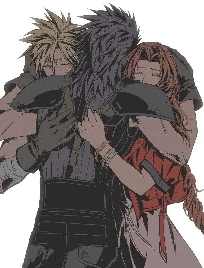 1girl 2boys aerith_gainsborough armor bandaged_arm bandages belt black_belt black_gloves black_hair black_pants black_sweater blonde_hair bracelet brown_hair closed_eyes cloud_strife dress final_fantasy final_fantasy_vii final_fantasy_vii_remake gloves group_hug hand_on_another's_back hand_on_another's_head highres hug jacket jewelry long_hair multiple_belts multiple_boys muted_color open_clothes open_jacket pants parted_bangs pauldrons pink_dress red_jacket roku_(gansuns) short_hair short_sleeves shoulder_armor simple_background sleeveless sleeveless_sweater spiky_hair standing suspenders sweater tearing_up upper_body very_long_hair wavy_hair white_background zack_fair