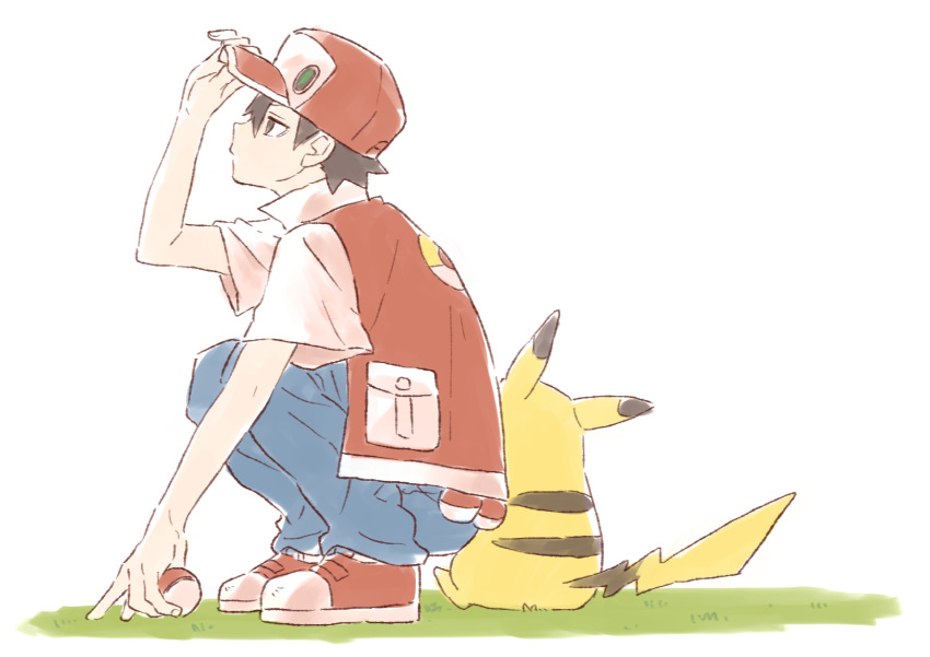 1990s_(style) 1boy absurdres baseball_cap black_eyes black_hair blue_pants collared_jacket commentary from_behind from_side grass hand_on_ground hand_on_headwear hat highres holding holding_poke_ball jacket male_focus on_grass pants pikachu pocket poke_ball poke_ball_(basic) pokemon pokemon_(creature) pokemon_rgby red_(pokemon) red_footwear red_hat red_jacket retro_artstyle short_hair short_sleeves simple_background sitting spiky_hair squatting white_background yuu_choko
