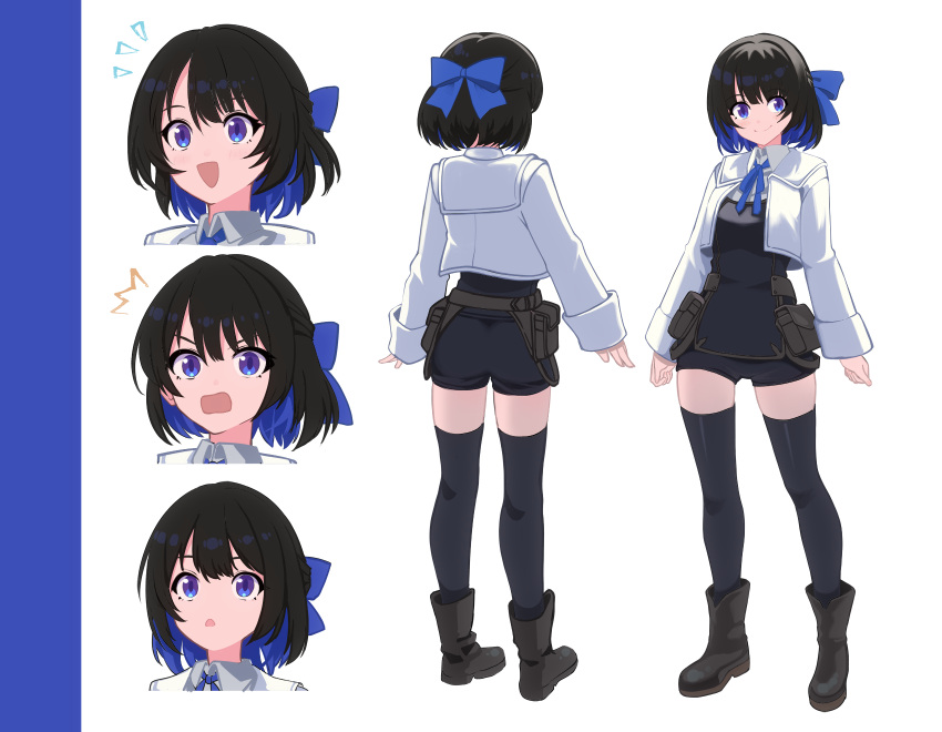 1girl :d :o aroha_j belt_pouch black_footwear black_hair black_thighhighs blue_bow blue_eyes blue_hair bow colored_inner_hair facing_away hair_bow highres multicolored_hair multiple_views pixiv_fantasia pixiv_fantasia_scepter_of_zeraldia pouch reference_sheet shorts smile standing thigh-highs