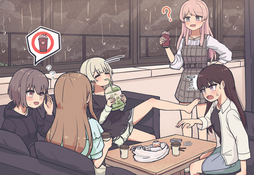 5girls ? band bang_dream! bang_dream!_it's_mygo!!!!! black_hair brown_hair chihaya_anon closed_eyes coffee coffee_cup couch cup disposable_cup drink drinking_straw drinking_straw_in_mouth flying_sweatdrops grey_eyes highres holding holding_cup jacket jin_(jinkwon1147) kaname_raana long_hair mole mole_under_eye multiple_girls mygo!!!!!_(bang_dream!) nagasaki_soyo no_shoes on_couch open_clothes open_jacket pink_hair rain shiina_taki sitting sweat sweatdrop takamatsu_tomori violet_eyes water_drop white_jacket