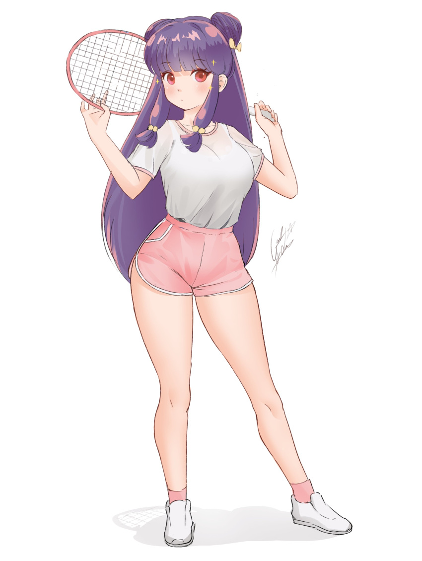 1girl absurdres ankle_socks breasts dolphin_shorts double_bun full_body geraldjess1 hair_bun highres holding_tennis_racket large_breasts long_hair looking_at_viewer low-tied_sidelocks pink_shorts pink_socks purple_hair racket ranma_1/2 red_eyes shampoo_(ranma_1/2) shirt shirt_tucked_in shorts slippers socks solo tennis_racket white_background white_shirt