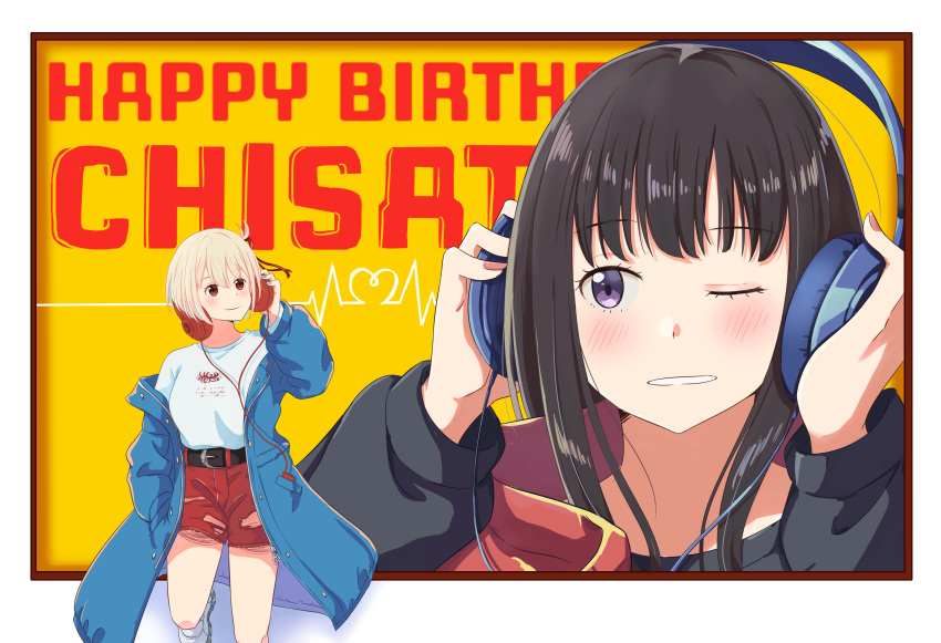 2girls absurdres billboard black_hair blonde_hair blue_coat chai_haru closed_mouth coat commentary_request english_text happy_birthday headphones highres inoue_takina long_hair long_sleeves looking_at_another lycoris_recoil medium_hair multiple_girls nishikigi_chisato one_eye_closed red_eyes red_shorts shirt shorts smile torn_clothes torn_shorts violet_eyes white_footwear white_shirt