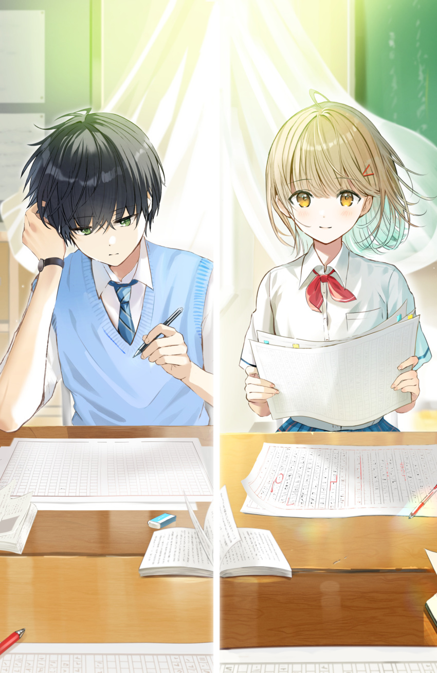 1boy 1girl black_hair blonde_hair blue_necktie blue_vest blush character_request closed_mouth collared_shirt commentary_request copyright_request cover cover_page curtains desk eraser facing_viewer green_eyes hair_ornament hairclip head_rest highres holding holding_paper holding_pen looking_at_viewer looking_down necktie novel_cover novel_illustration official_art paper pen red_ribbon ribbon school_desk school_uniform shirt short_hair short_sleeves split_screen vest watch watch white_shirt yellow_eyes yukimaru_nun