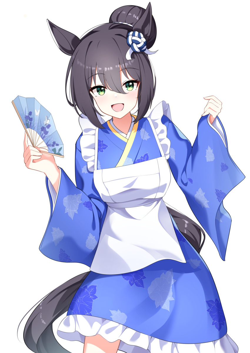1girl :d absurdres animal_ears apron black_hair black_tail blue_kimono blue_ribbon commentary_request commission cowboy_shot ear_ribbon floral_print floral_print_kimono frilled_apron frilled_kimono frills green_eyes hair_between_eyes hand_fan hands_up highres holding holding_fan horse_ears horse_girl horse_tail japanese_clothes kimono light_blush long_sleeves looking_at_viewer open_mouth original print_kimono ribbon short_hair simple_background skeb_commission smile solo standing sunny_(20597521) tail topknot umamusume white_apron white_background white_ribbon wide_sleeves