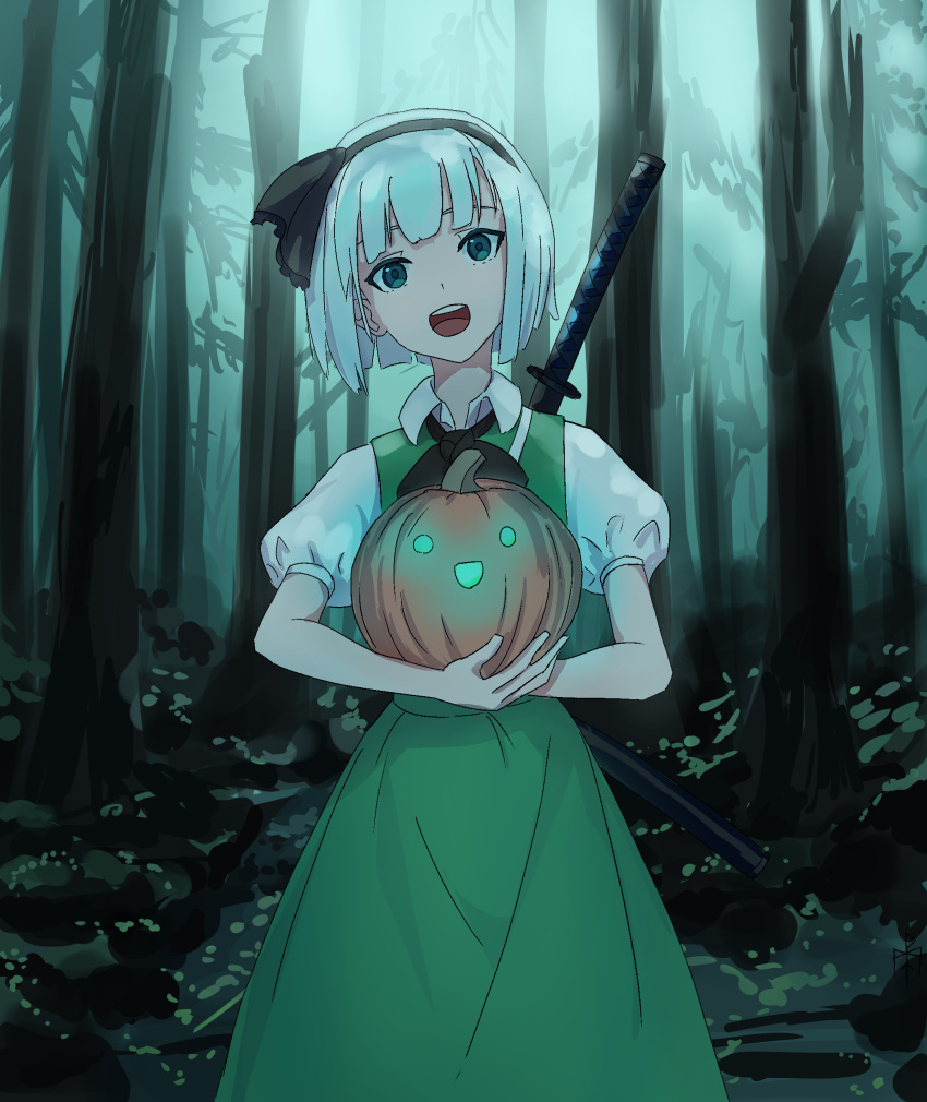 1girl :d absurdres black_hairband black_ribbon blue_eyes collared_shirt cowboy_shot dress food forest green_dress hairband highres holding holding_food holding_pumpkin holding_vegetable jack-o'-lantern konpaku_youmu looking_at_viewer nature neck_ribbon outdoors puffy_short_sleeves puffy_sleeves pumpkin ribbon round_teeth sheath sheathed shirt short_hair short_sleeves smile solo sword sword_on_back teeth touhou upper_teeth_only vegetable weapon weapon_on_back white_hair white_shirt wuschelminityp