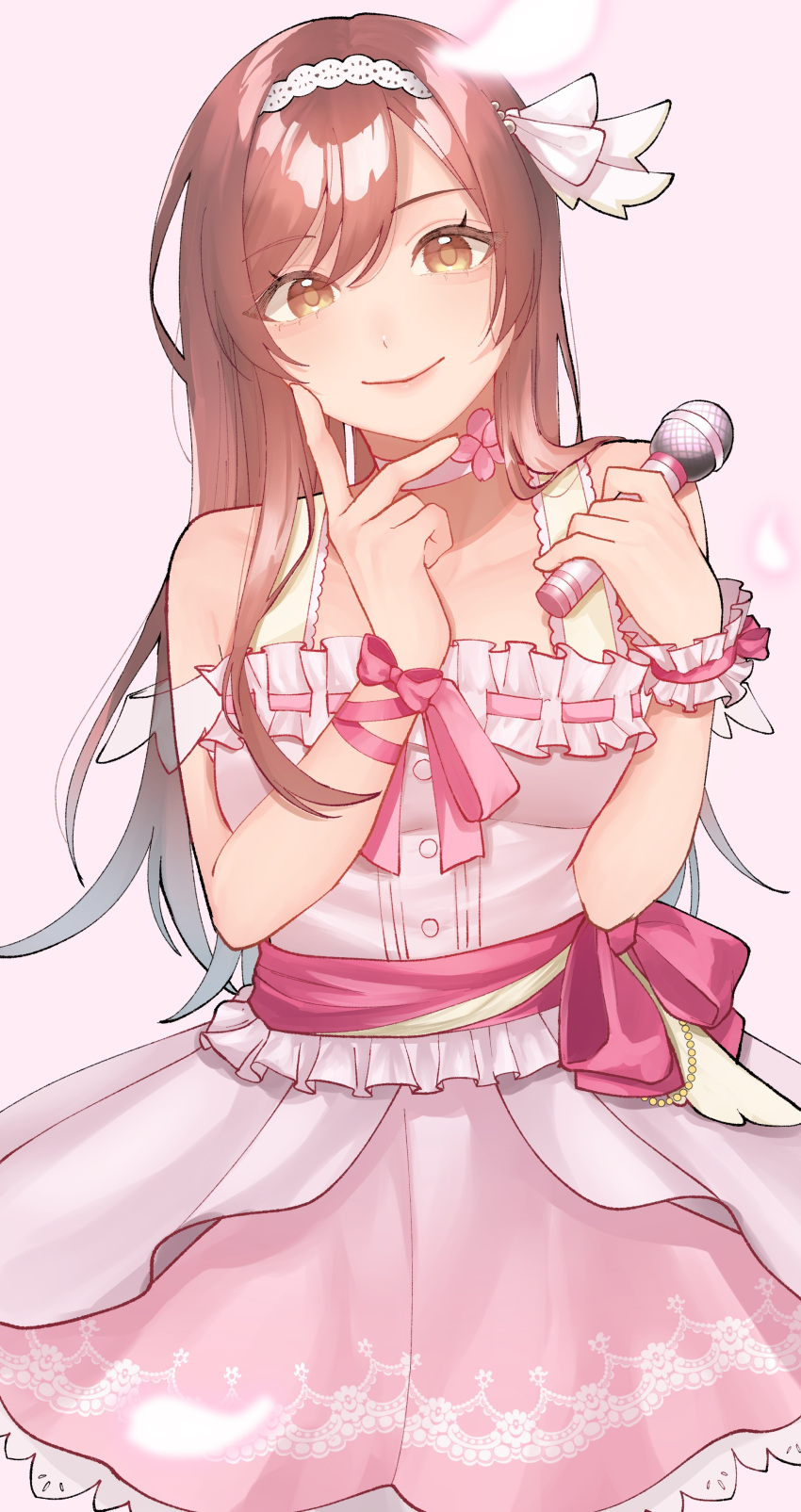 1girl absurdres bare_shoulders bishi_a_(b_a1210) blush breasts choker closed_mouth collarbone dress frilled_dress frills hairband highres holding holding_microphone idol idol_clothes idolmaster idolmaster_shiny_colors long_hair looking_at_viewer medium_breasts microphone osaki_amana pink_dress redhead ribbon smile solo standing swept_bangs v white_choker wrist_ribbon yellow_eyes