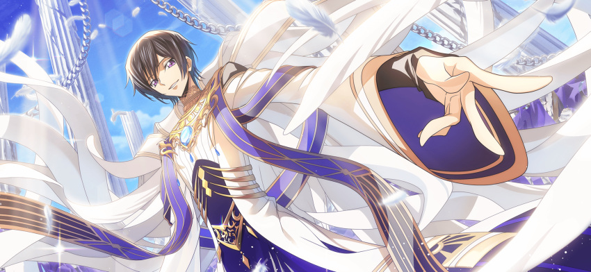 1boy artist_request black_hair blue_gemstone blue_sky brooch chain coat code_geass code_geass:_lost_stories day feathers game_cg gem half-closed_eyes happy highres jewelry layered_sleeves lelouch_vi_britannia lens_flare light_rays long_sleeves looking_at_viewer male_focus non-web_source official_art outdoors outstretched_arm parted_lips pillar reaching reaching_towards_viewer short_hair sidelocks sky smile solo sparkle standing sunlight teeth upper_body violet_eyes white_coat white_feathers wide_sleeves