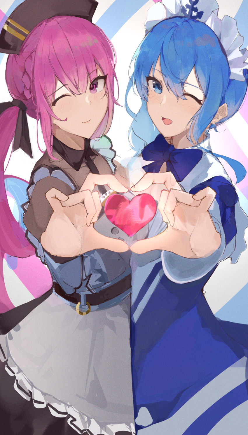 2girls absurdres anchor_print anchor_symbol apron blue_dress blue_eyes blue_hair dress frilled_headwear hair_between_eyes heart heart_hands heart_hands_duo highres hololive hoshimachi_suisei long_hair long_sleeves looking_at_viewer maid_headdress minato_aqua multiple_girls one_eye_closed pink_dress pink_hair side_ponytail smile star_(symbol) star_in_eye symbol_in_eye twintails virgo76612871 virtual_youtuber waist_apron white_apron