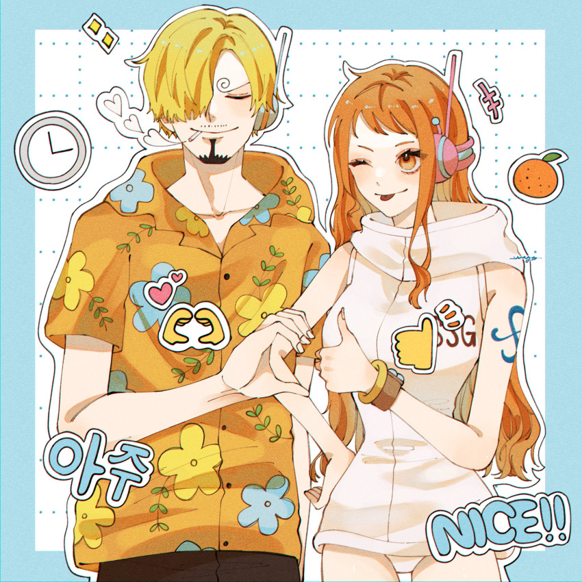 ! !! 1boy 1girl arm_tattoo blonde_hair closed_eyes closed_mouth commentary_request curly_eyebrows earpiece english_text facial_hair hair_over_one_eye heart highres log_pose long_hair mustache_stubble nami_(one_piece) official_alternate_costume one_eye_closed one_eye_covered one_piece oom_yoo orange_eyes orange_hair sanji_(one_piece) shirt short_hair short_sleeves sleeveless smile stubble tattoo tongue tongue_out