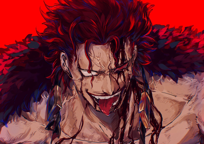 1boy ame_ekai blood blood_from_eyes blood_on_face commentary_request eustass_kid goggles highres looking_at_viewer male_focus one_piece open_mouth red_background red_eyes redhead short_hair simple_background smile solo teeth tongue tongue_out