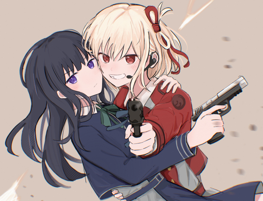 2girls aiming aiming_at_viewer black_hair blonde_hair blue_eyes blush brown_background cheek-to-cheek closed_mouth commentary_request debris dress grin gun hair_ribbon hand_on_another's_waist handgun heads_together headset highres holding holding_gun holding_own_arm holding_weapon inoue_takina long_hair long_sleeves lycoris_recoil lycoris_uniform masaru_(kises_j) medium_hair multiple_girls nishikigi_chisato one_side_up red_dress red_eyes red_ribbon ribbon smile smoke violet_eyes weapon