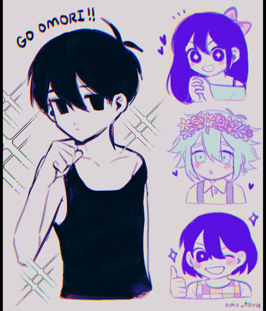 1girl 3boys antenna_hair arm_at_side artist_name aubrey_(headspace)_(omori) aubrey_(omori) bare_arms basil_(headspace)_(omori) basil_(omori) black_eyes black_hair black_tank_top blush bow bright_pupils buttons clenched_hand closed_mouth collarbone collared_shirt colored_skin cropped_torso english_text flower_wreath green_eyes green_hair green_shirt grin hair_behind_ear hair_between_eyes hair_bow hand_up head_wreath heart highres kel_(headspace)_(omori) kel_(omori) leaf long_hair looking_at_another looking_to_the_side multiple_boys no_pupils omo_taru omori omori_(omori) one_eye_closed open_mouth overalls own_hands_together parted_lips pink_bow purple_hair shirt short_hair smile sparkle strap_slip tank_top thumbs_up upper_body v-shaped_eyebrows violet_eyes white_background white_pupils white_skin