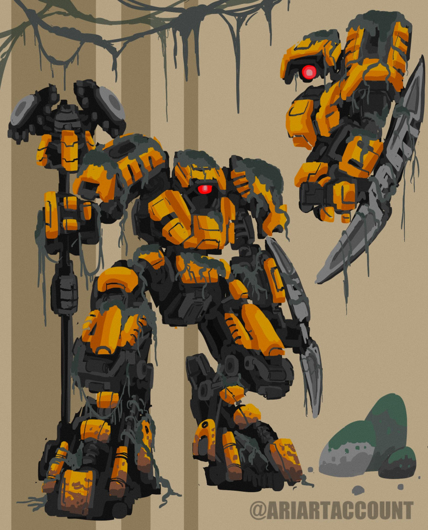 ariartaccount bionicle brown_background highres holding holding_staff keetongu_(bionicle) mecha mecha_focus mechanization moss multiple_views no_humans one-eyed plant red_eyes robot rock staff the_lego_group twitter_username vines