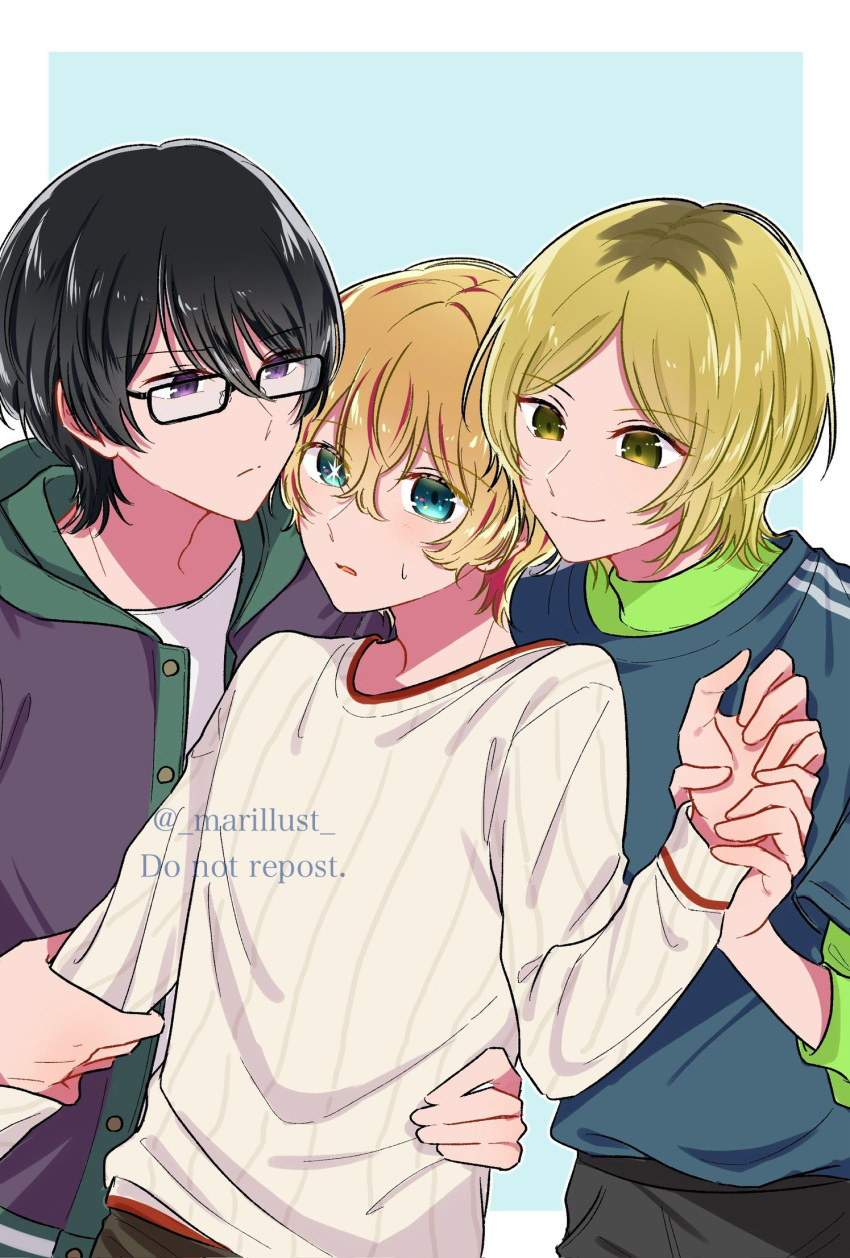 3boys artist_name black_hair black_jacket blonde_hair blue_shirt blush closed_mouth glasses green_eyes hair_between_eyes highres himekawa_taiki hood hooded_jacket hoshino_aquamarine jacket kamoshida_sakuya long_sleeves male_focus marillust multiple_boys open_mouth oshi_no_ko shirt short_hair smile star-shaped_pupils star_(symbol) symbol-shaped_pupils twitter_username violet_eyes white_shirt