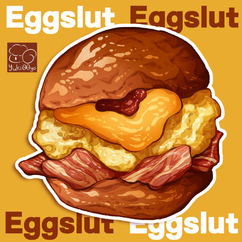 artist_logo bread burger cheese egg_(food) food food_focus food_name highres meat no_humans original yellow_background yuki00yo