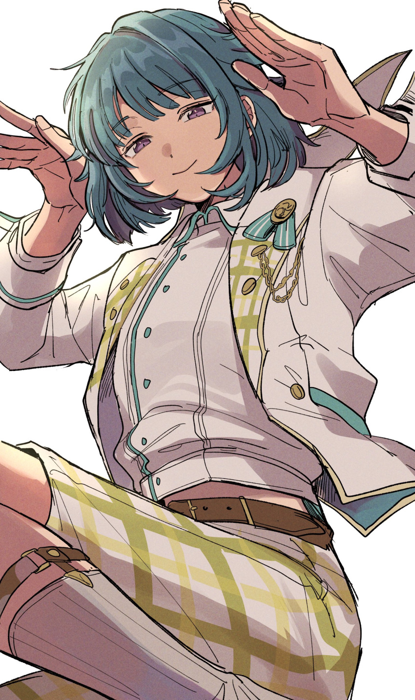 1boy absurdres aoi_(yooo009) aqua_hair belt blue_hair buttons closed_mouth ensemble_stars! highres jacket long_sleeves looking_at_viewer male_focus open_clothes open_jacket pants plaid plaid_pants shino_hajime short_hair shorts simple_background smile solo violet_eyes white_background white_jacket