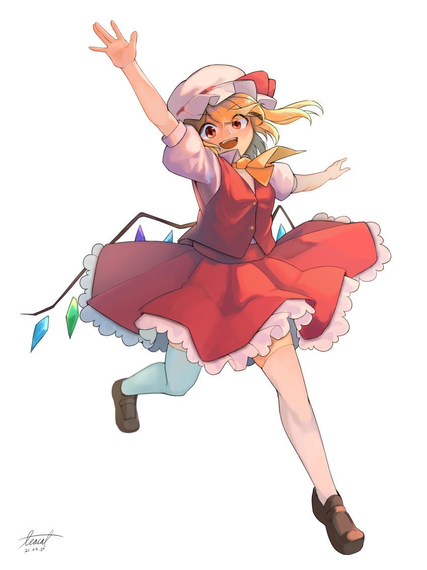 1girl absurdres arm_up ascot blonde_hair blueflycat breasts brown_footwear buttons clip_studio_paint_(medium) flandre_scarlet frilled_skirt frills full_body happy head_tilt highres looking_at_viewer medium_hair multicolored_wings open_mouth puffy_short_sleeves puffy_sleeves red_eyes red_ribbon red_skirt red_vest ribbon ribbon-trimmed_headwear ribbon_trim shirt shoes short_sleeves skirt small_breasts solo teeth thigh-highs touhou upper_teeth_only vest white_background white_headwear white_shirt white_thighhighs wings yellow_ascot