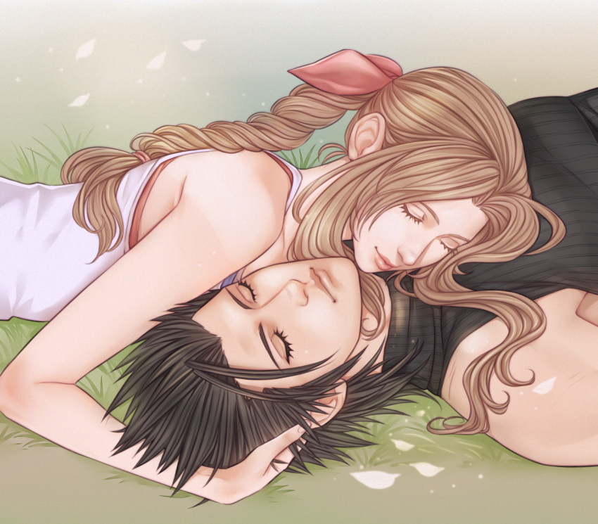 1boy 1girl aerith_gainsborough bare_shoulders black_hair black_sweater braid braided_ponytail brown_hair closed_mouth commentary couple crisis_core_final_fantasy_vii crylin6 dress eyelashes final_fantasy final_fantasy_vii grass hair_ribbon hand_on_another's_head lips long_hair lying on_back on_stomach parted_bangs petals pink_ribbon ribbed_sweater ribbon short_hair sleeping sleeveless sleeveless_turtleneck spiky_hair sweater symbol-only_commentary turtleneck turtleneck_sweater upper_body white_dress zack_fair