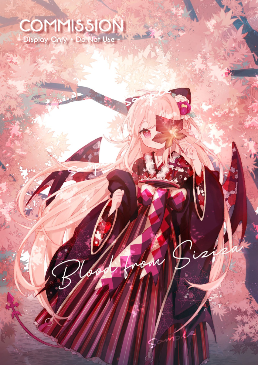 1girl argyle_bow autumn_leaves black_bow black_jacket black_slingshot_swimsuit blonde_hair bow braid closed_mouth commentary commission covering_one_eye day demon_wings english_text eyelashes feet_out_of_frame floral_print flower frilled_hakama hair_bow hair_flower hair_ornament hakama hakama_skirt haori highres holding holding_leaf indigopp jacket japanese_clothes kimono lace-trimmed_kimono lace_trim leaf light_blush light_smile long_hair long_sleeves looking_at_viewer open_clothes open_jacket original outdoors pink_eyes red_flower red_hakama red_wings sample_watermark skirt sky solo tree twin_braids very_long_hair waist_bow watermark white_bow white_flower white_sky wide_sleeves wings