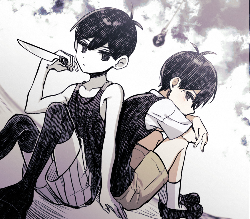 2boys black_eyes black_hair black_tank_top closed_mouth colored_skin expressionless highres holding holding_knife knife looking_at_viewer multiple_boys omori omori_(omori) shirt short_hair short_sleeves shorts sunny_(omori) tank_top white_skin yutsu