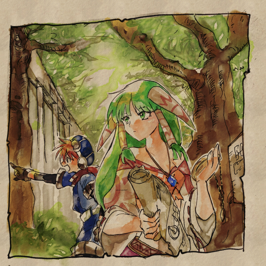 1boy 1girl blue_hat blue_shorts blurry blurry_background compass des69 feena_(grandia) forest goggles goggles_on_head grandia grandia_i green_eyes green_hair highres holding holding_scroll justin_(grandia) long_hair nature off_shoulder outdoors ponytail redhead scroll shorts strapless tree tube_top