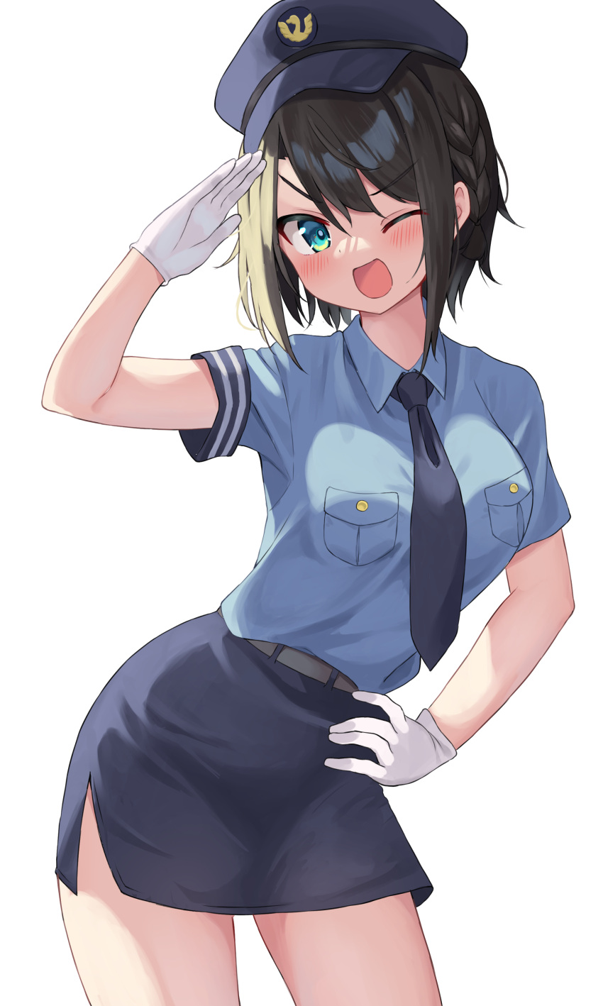 1girl absurdres belt black_hair blue_eyes blue_shirt blush breast_pocket breasts gloves hand_on_own_hip hand_up hat highres hololive kajitsu_no_hito looking_at_viewer medium_breasts necktie one_eye_closed oozora_subaru open_mouth pencil_skirt pocket police police_hat police_uniform policewoman shirt short_hair short_sleeves simple_background skirt solo thighs uniform white_background white_gloves