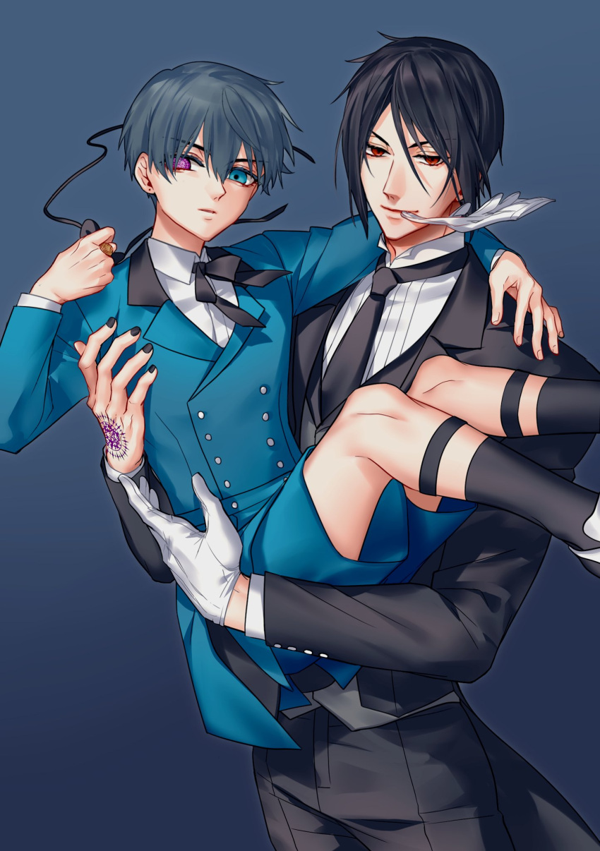 2boys black_footwear black_hair black_jacket black_nails black_necktie black_pants black_ribbon blue_background blue_eyes blue_hair blue_jacket blue_shorts buttons carrying carrying_person ciel_phantomhive closed_mouth collared_shirt dark_blue_hair eyepatch gloves goth_fashion gradient_background hand_on_another's_shoulder hand_tattoo height_difference heterochromia highres holding_eyepatch jacket kuroshitsuji male_focus mouth_hold multiple_boys necktie pants red_eyes ribbon sebastian_michaelis shirt short_hair shorts smile striped_clothes striped_shirt tattoo thigh_strap vertical-striped_clothes vertical-striped_shirt violet_eyes white_gloves white_shirt yuu+1