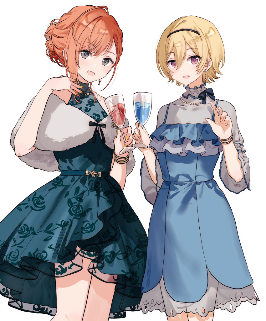 2girls arisugawa_natsuha bare_shoulders blonde_hair blue_dress blush braid brown_nails covered_collarbone cow cowboy_shot cup double-parted_bangs dress drinking_glass fang fur_shawl grey_eyes hair_between_eyes hairband hands_up highres holding holding_cup idolmaster idolmaster_shiny_colors jewelry looking_at_viewer migolu multiple_girls necklace open_mouth orange_hair pearl_necklace saijo_juri see-through see-through_sleeves shawl short_hair simple_background single_braid sleeveless sleeveless_dress violet_eyes white_background wine_glass