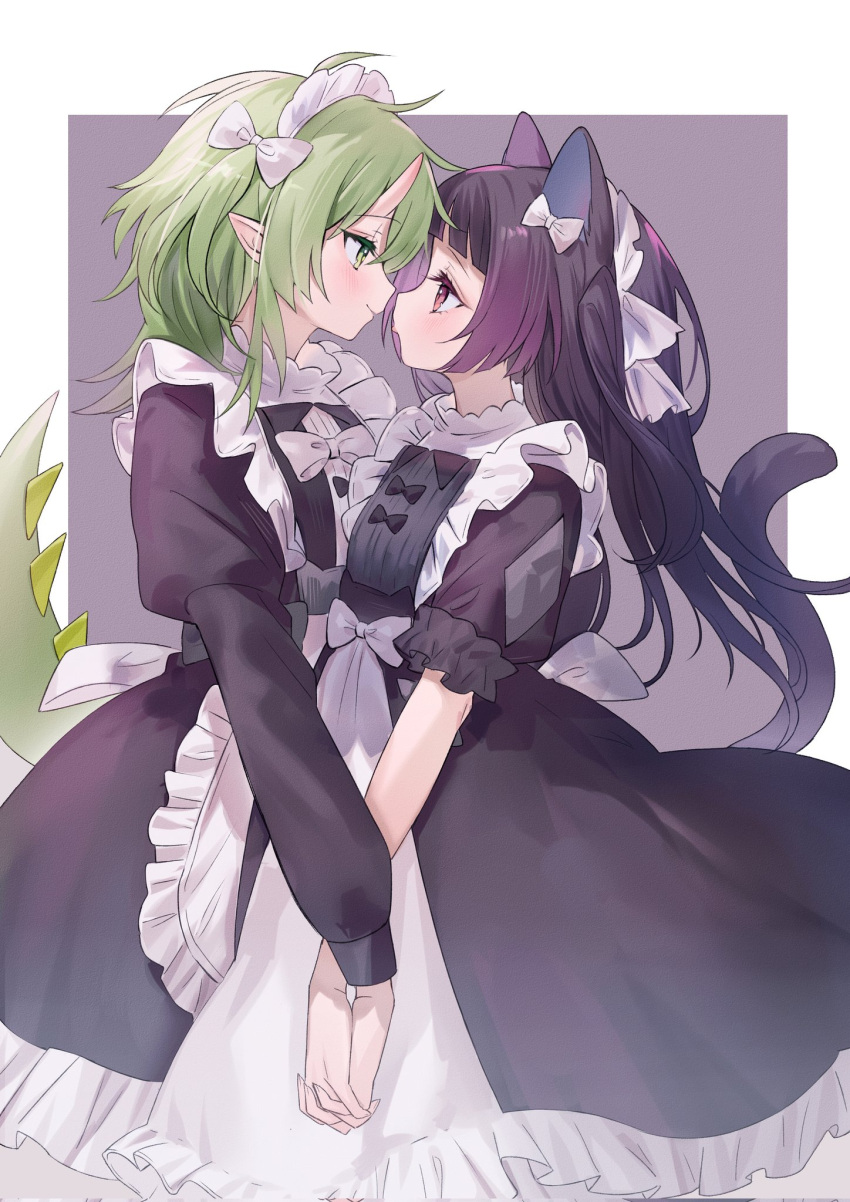 2girls animal_ears apron black_dress black_hair blush borrowed_character bow cat_ears cat_girl cat_tail chiyuki0321 closed_mouth commentary dragon_tail dress english_commentary eye_contact gradient_hair green_eyes green_hair hair_bow highres holding_hands horns interlocked_fingers juliet_sleeves long_hair long_sleeves looking_at_another maid_apron maid_headdress multicolored_hair multiple_girls original pointy_ears puffy_sleeves smile tail violet_eyes white_apron white_bow yuri