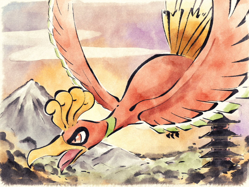 animal_focus beak bird bird_tail clouds feathered_wings feathers flying highres ho-oh metikyun mountain no_humans open_mouth outdoors pagoda pokemon pokemon_(creature) red_eyes red_feathers tail wings