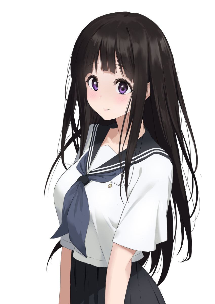 absurdres awesome_crane black_hair blush breasts chitanda_eru highres hyouka large_breasts long_hair looking_at_viewer school_uniform smile violet_eyes white_background