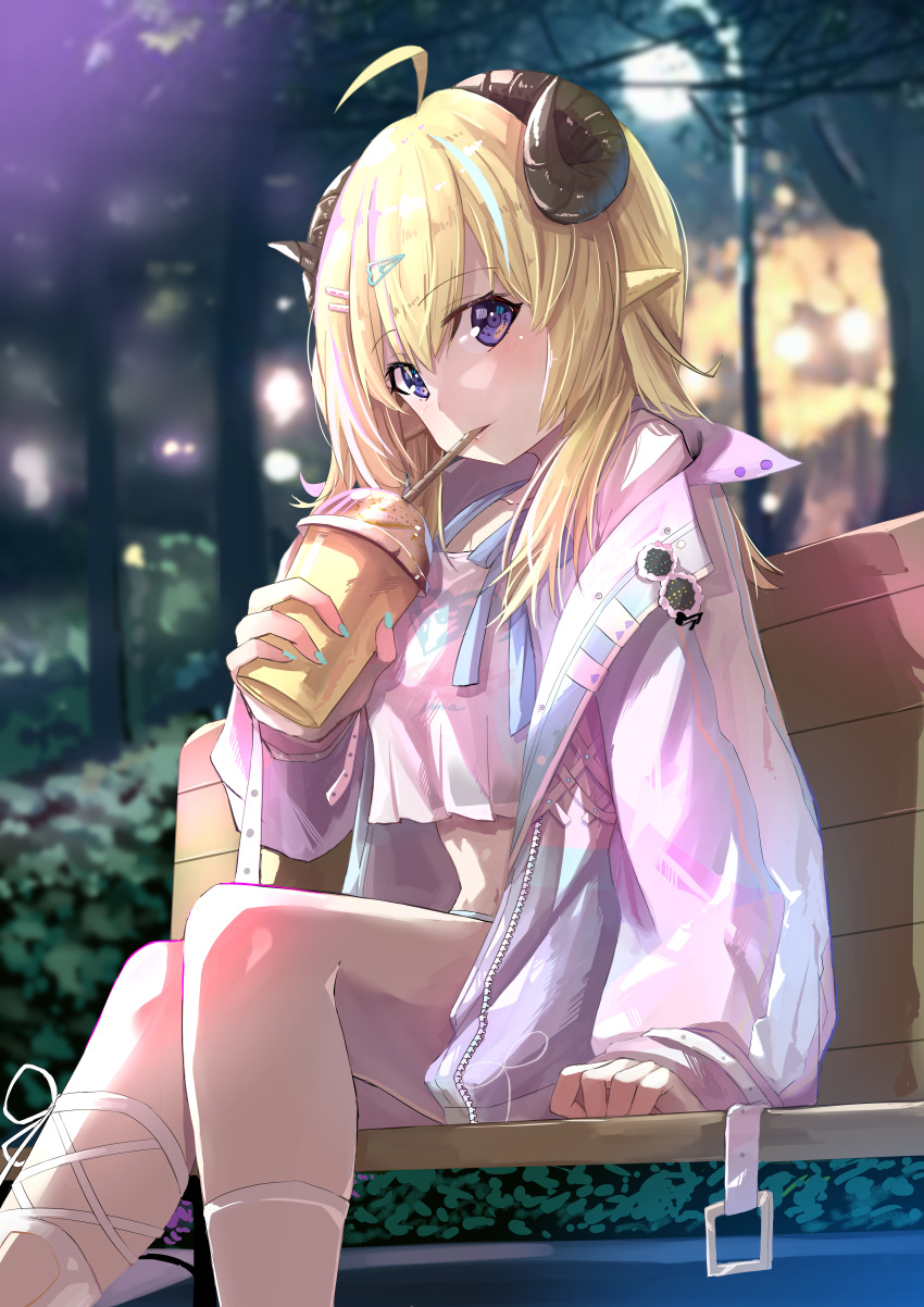 1girl absurdres ahoge animal_ears blonde_hair blue_nails blush cropped_shirt cup disposable_cup drinking_straw drinking_straw_in_mouth hair_ornament hairpin hand_on_bench highres holding holding_cup hololive horns jacket long_hair looking_at_viewer nail_polish nanakusa_ayame official_alternate_costume on_bench pink_jacket sheep_ears sheep_girl sheep_horns shirt tsunomaki_watame tsunomaki_watame_(8th_costume) violet_eyes virtual_youtuber white_shirt