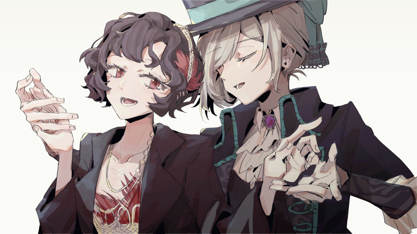 2girls :d ascot black_coat black_hair black_hat blue_bow boater_hat bow closed_eyes coat collared_shirt curly_hair dress feather_dress feather_hair_ornament feathers grey_hair hair_bun hair_ornament hairband hands_up hat hat_bow highres holding_hands jewelry long_sleeves looking_at_another looking_to_the_side multiple_girls necklace open_clothes open_coat purple_brooch red_dress red_eyes reverse:1999 schneider_(reverse:1999) shirt short_hair single_side_bun smile teeth upper_body vertin_(reverse:1999) white_ascot white_background white_hairband white_shirt ying_(suetmo)