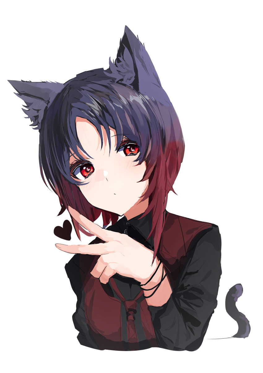 1girl absurdres animal_ears black_hair black_shirt cat_ears cat_tail expressionless fake_animal_ears gradient_hair heart highres iris_black_games kisaragi_ren_(vtuber) looking_at_viewer maya_fa multicolored_hair parted_bangs red_eyes red_vest redhead shirt short_hair simple_background solo tail upper_body v vest virtual_youtuber vspo! white_background wristband