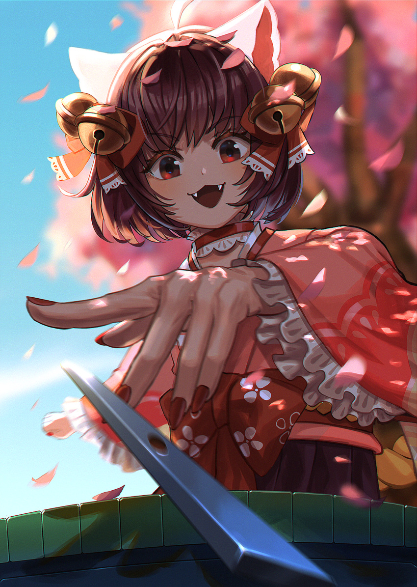 1girl ahoge animal_ears ansung bell blue_sky bow brown_hair brown_skirt cat_ears cat_girl cherry_blossoms choker clouds commentary_request falling_petals fangs fingernails frilled_sleeves frills hair_bell hair_ornament hair_ribbon highres ichihime japanese_clothes jingle_bell kimono lace-trimmed_choker lace_trim long_sleeves looking_at_viewer mahjong mahjong_soul mahjong_tile medium_bangs obi open_mouth petals pink_kimono red_bow red_choker red_eyes red_nails red_ribbon red_sash ribbon sash short_hair skirt sky smile solo tenbou throwing tree upper_body v-shaped_eyebrows waist_bow wide_sleeves