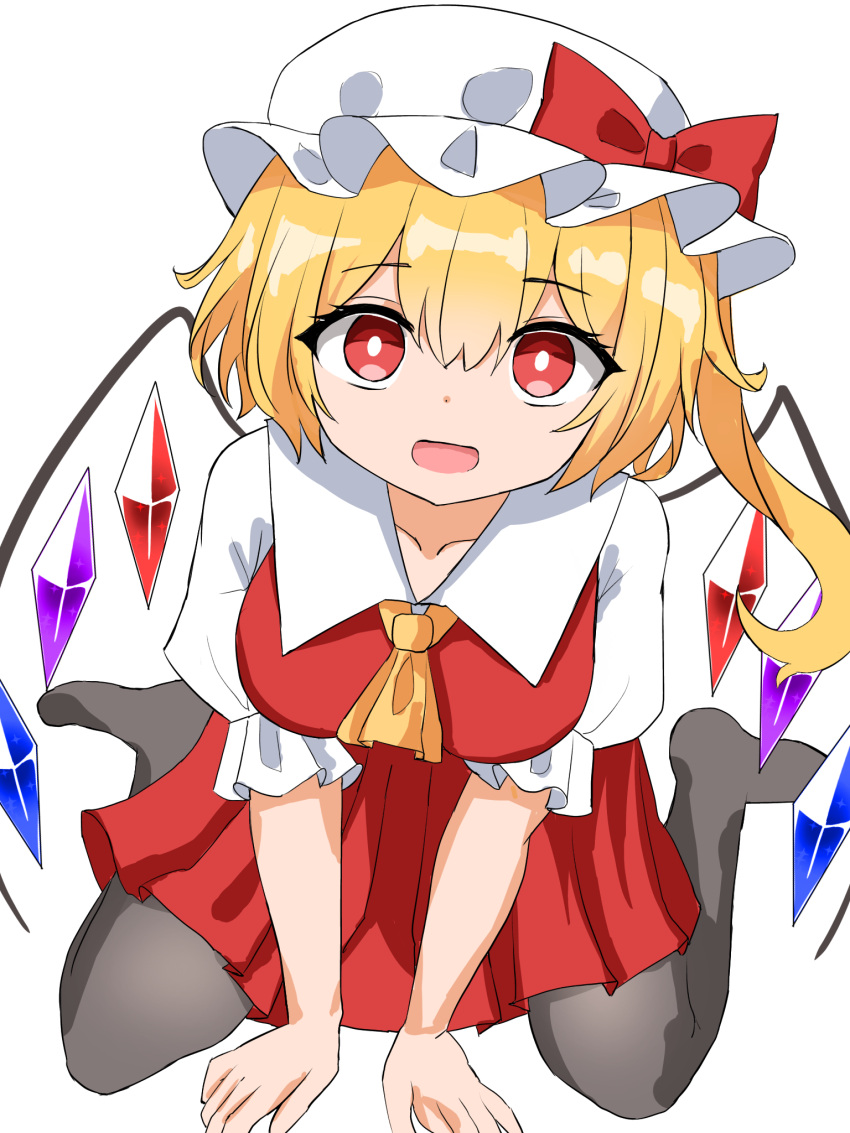 1girl :d ascot barefoot blonde_hair bow bright_pupils commentary crystal fang flandre_scarlet full_body hair_between_eyes hat hat_bow heart highres kiui_(dagk8254) looking_at_viewer medium_hair mob_cap one_side_up open_mouth pleated_skirt red_bow red_eyes red_skirt red_vest seiza shirt short_sleeves simple_background sitting skirt smile solo touhou vest white_background white_hat white_pupils white_shirt wings yellow_ascot